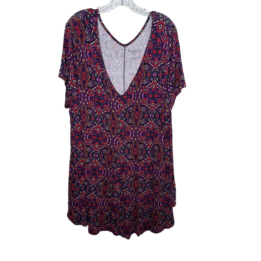 Roaman’s Women’s 2X Hi-Low Tunic Top Multicolor Boho Print‎ Short Sleeve Stretch